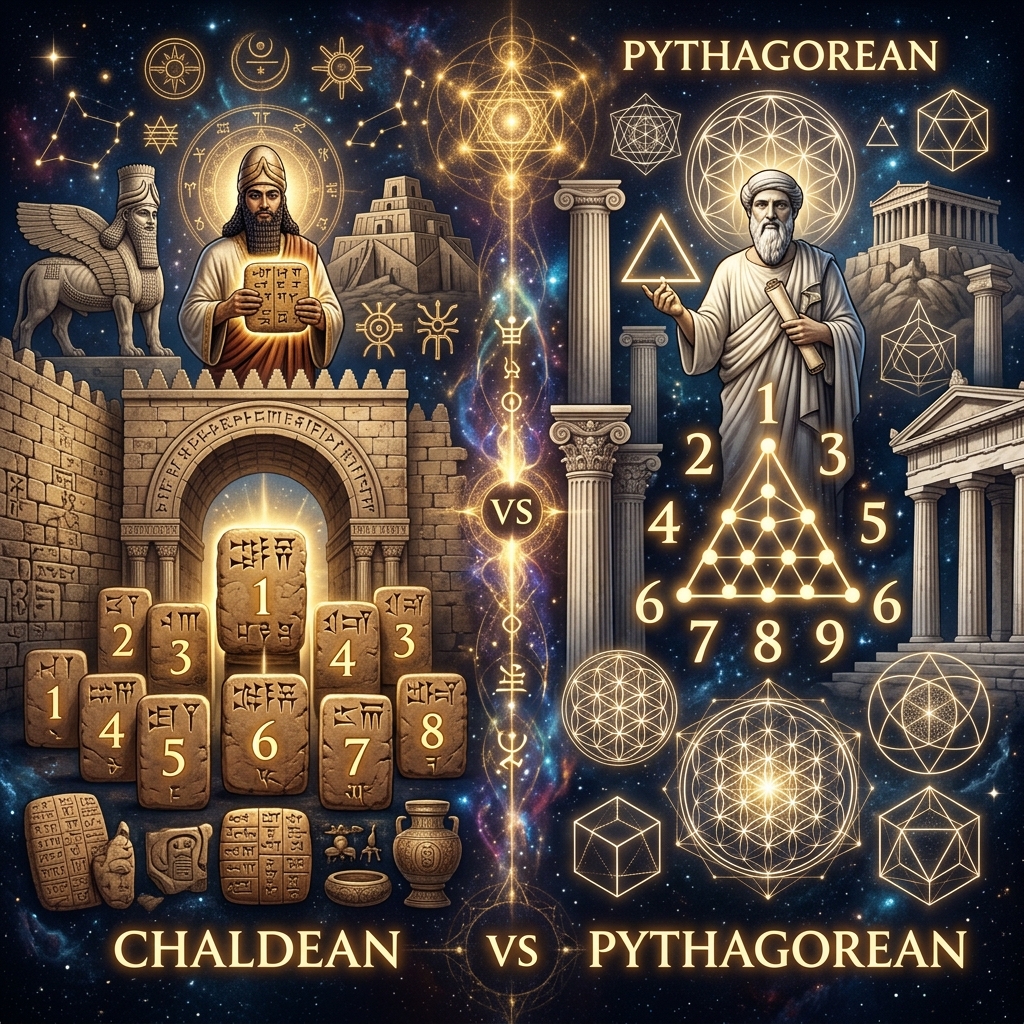Chaldean vs Pythagorean Numerology: Which System Is Accurate? Comparison chart depicting Chaldean vs Pythagorean numerology letter values and symbols